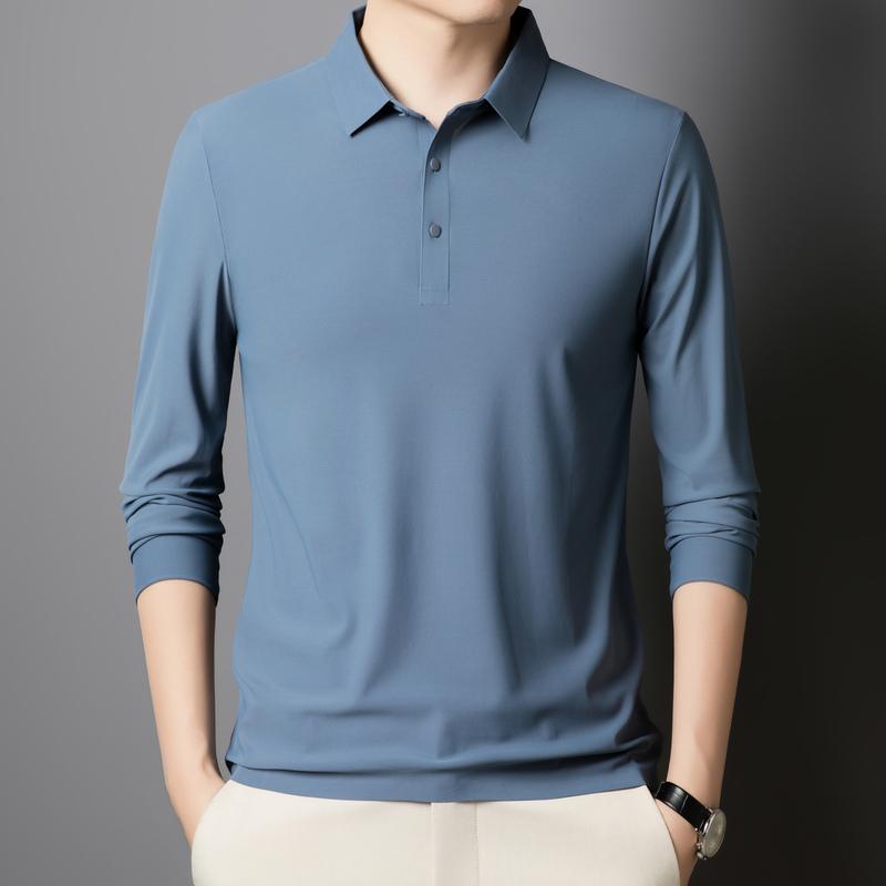 Autumn Ice Silk Markless Long-sleeved T-shirt Men's POLO Shirt New Solid Color Lapel Top