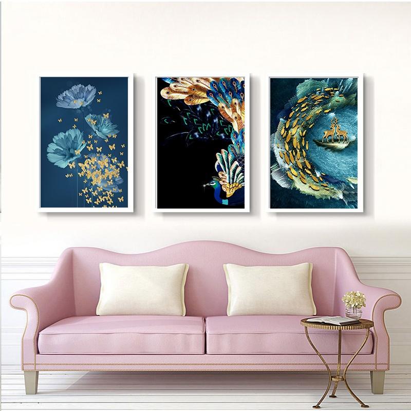 Poster For Living Room Decoration Modern Style Wall Art Decoration Canvas Oil Painting Peacock Elk Goldfish Flower Canvas Pictures