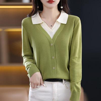 Autumn and Winter Women's Knitwear Short Loose POLO Collar Sweater Top False Two-piece Lapel Long-sleeved Bottoming Knitwear