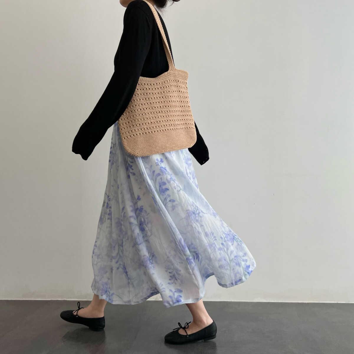 

Юбка миди А-силуэта из рами, обработанная дрожжами, с принтом «Глициния» - Стройнящая сказочная юбка L