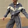 Tuta alla moda da donna con abbinamento di colori casual, cardigan con cerniera a maniche lunghe ampio, pantaloni elasticizzati, completo due pezzi a colori contrastanti