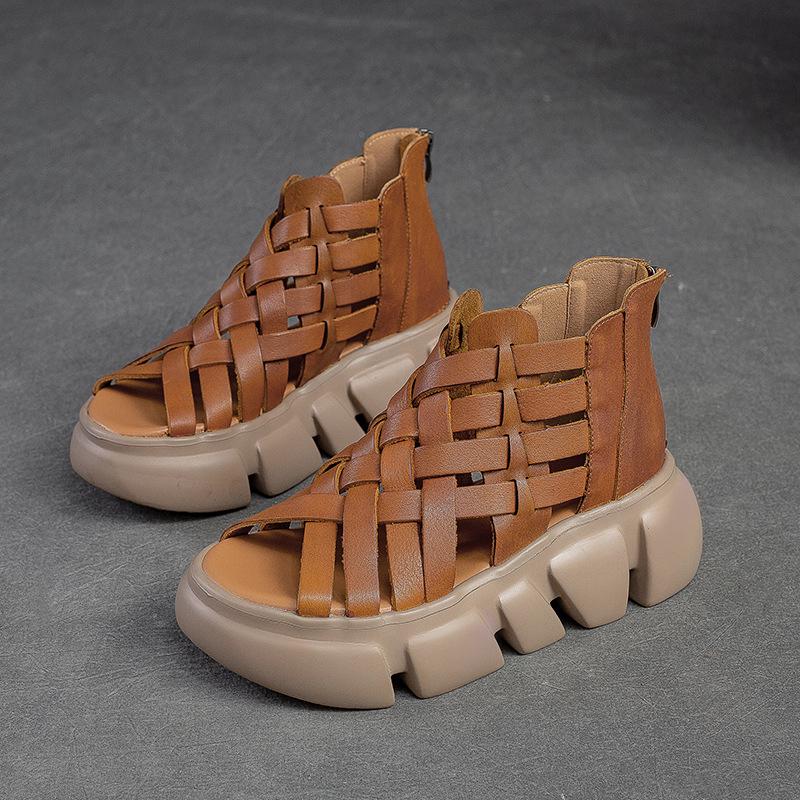 Jiechu Women's Summer Braided Hollow Sandals - Thick Sole, Breathable Candy Colors, Comfortable Roman Style