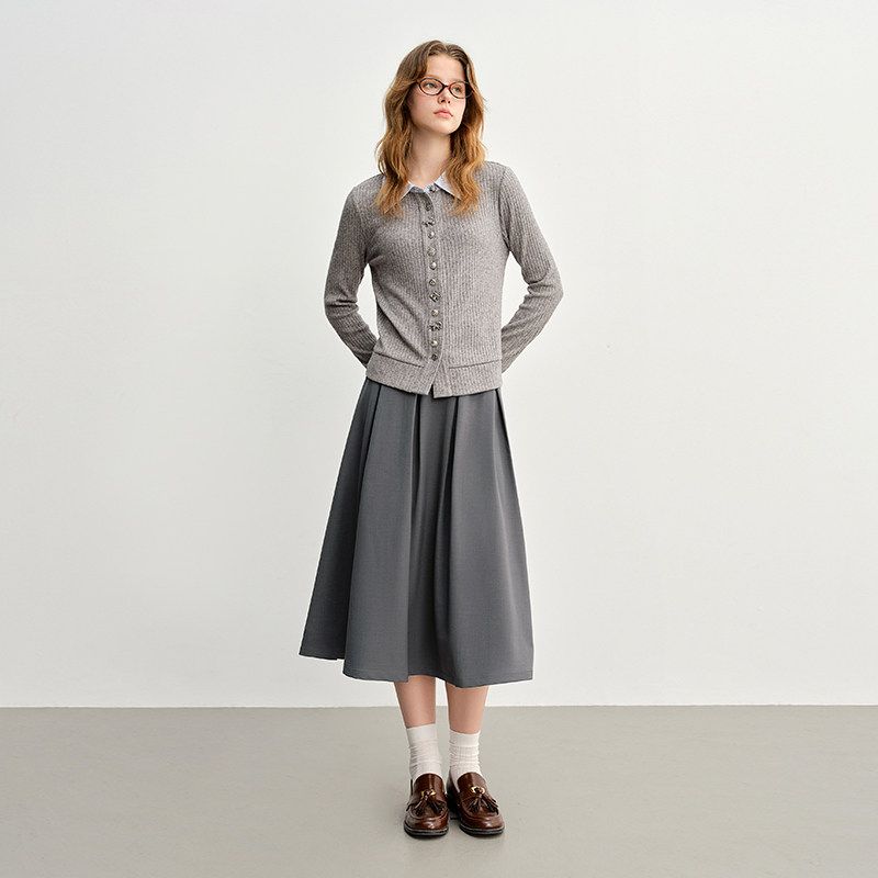 

[Best Selling Supplement] Single Plus size Women s Pleated high waist Skirt Preppy style Fashion All-match A- line Umbrella Skirt Gray 1 piece