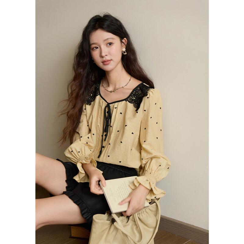 Mishow Yellow Heart Print Bubble Sleeve Blouse 38