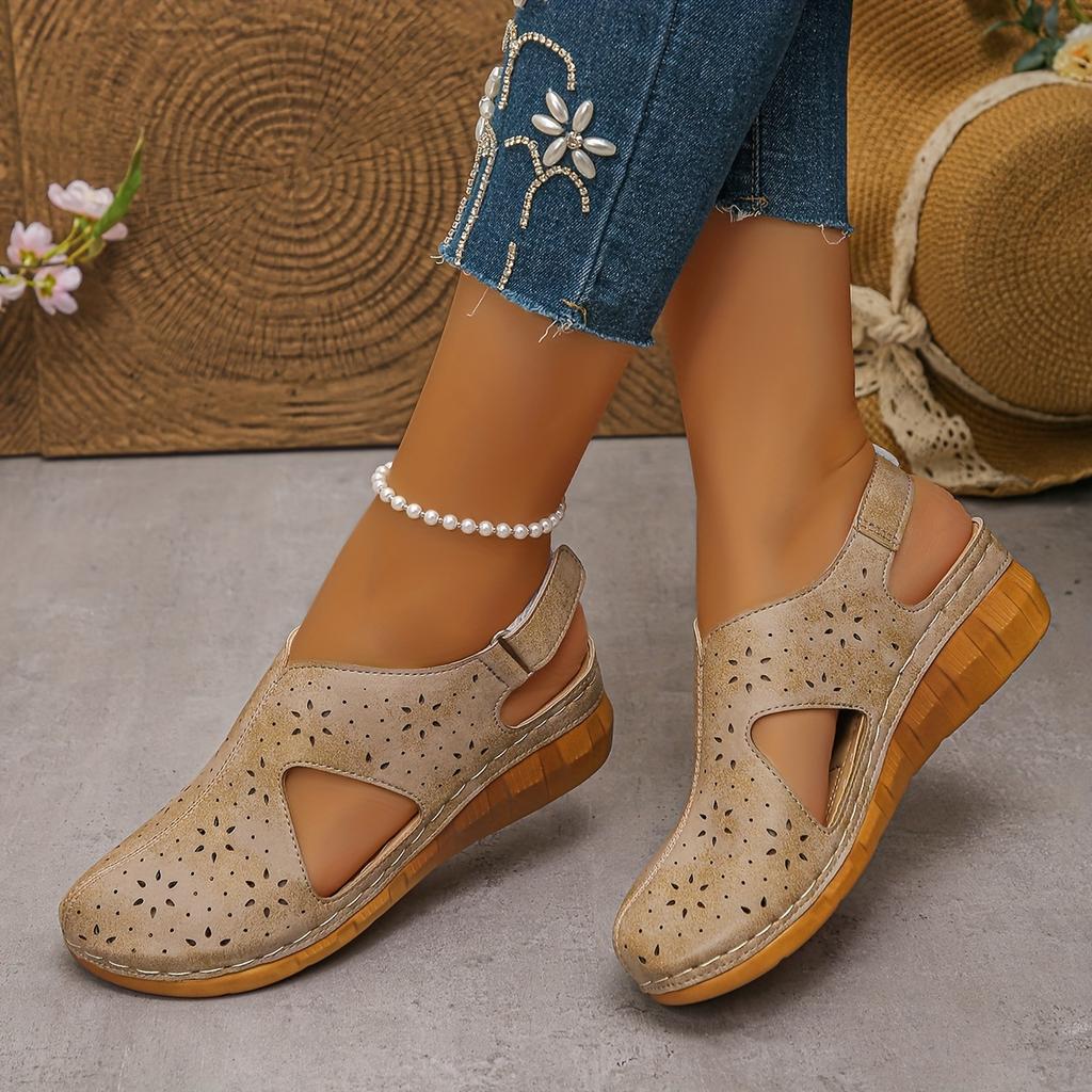 Women'S Stylish White Wedge Sandals with Cut-Out Design, Round Toe & Ankle Strap - Comfortable PU Cover Casual Shoes for Parties Wedge Sandals
