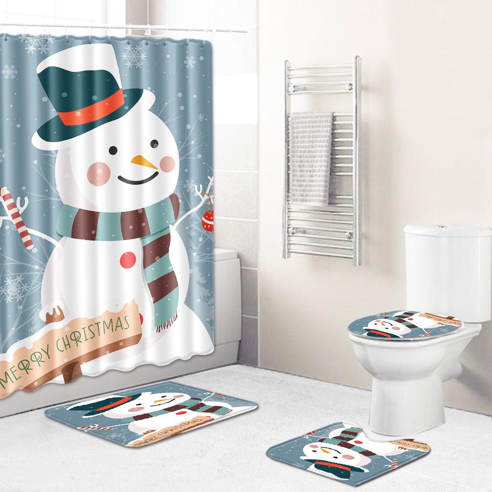 Christmas Home Door Mat Bathroom Toilet Shower Curtain Four-Piece Floor Mat Bedroom Absorbent Carpet