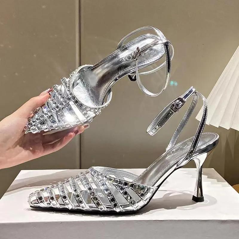 

French Silver Pointed High Heels Female 2026 Summer New Fine Heel Rhinestone Fashion Sandals Sexy Hollow Shoes Women Zapatos 35 серебряный