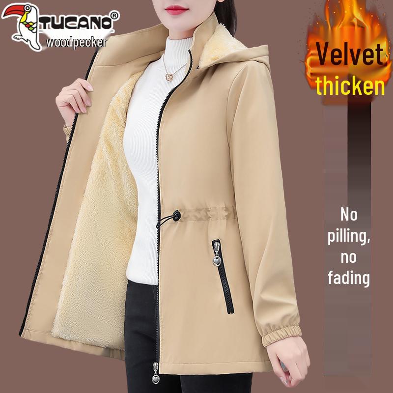 Woodpecker Women's Mid-Length Fleece Coat - 2025 Autumn/Winter Warm Thickened Windbreaker Jacket