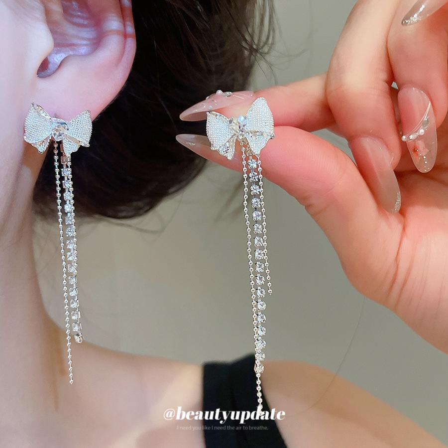 Elegant Rhinestone Bow Heart Tassel Earrings - Silver Needle Fashion Accessories