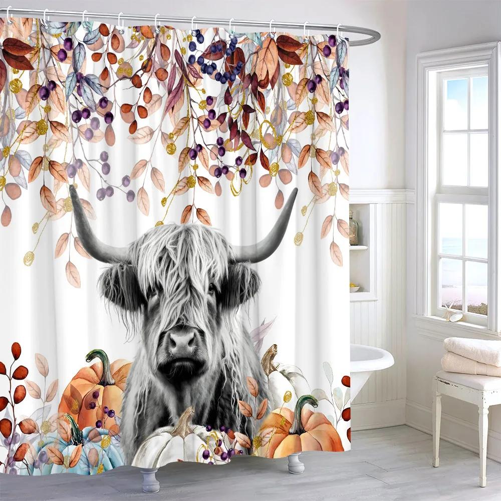 Highland Cow Leaf Pumpkin Shower Curtain Autumn Thanksgiving Gift Watercolour Print Polyester Fabric Bath Curtain Bathroom Decor