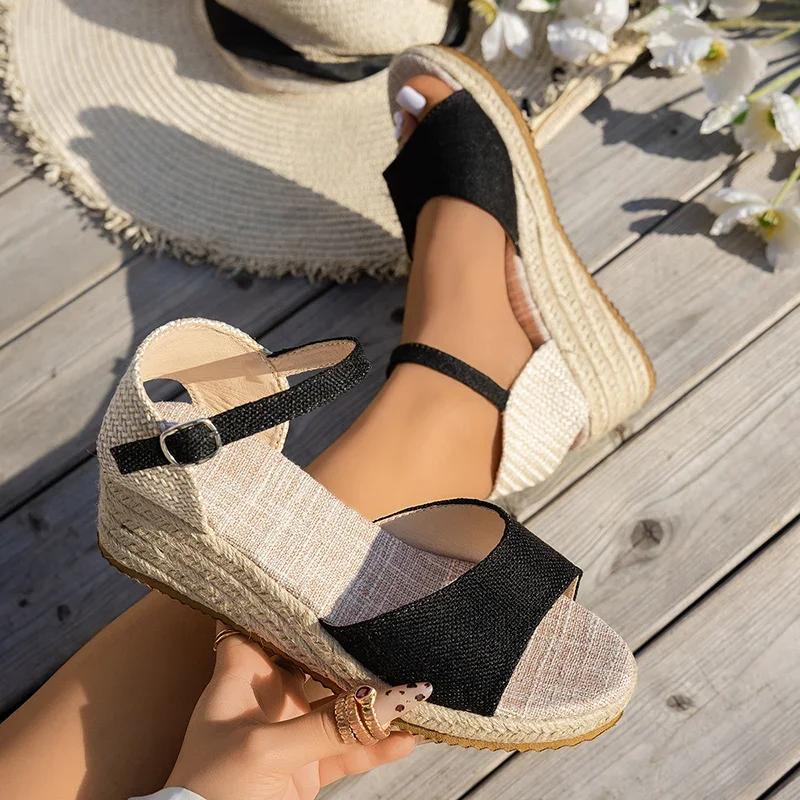 

Fashion Women Shoes Buckle Strap Wedge Heel Sandal Women Summer Woven Thick Bottom Gladiator Sandalias Mujer Non Slip Platform Sandles 43 чёрный