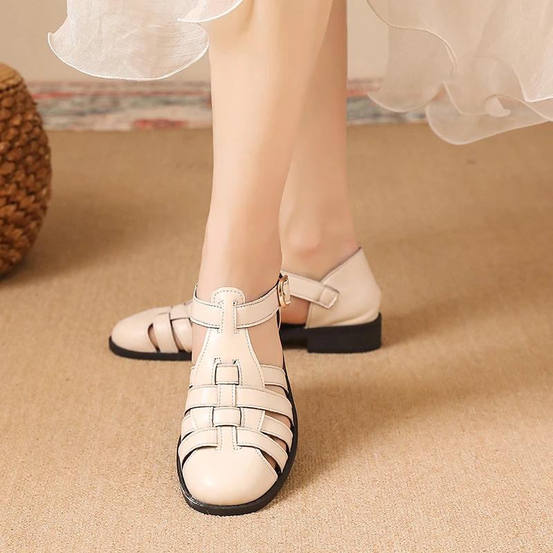 Fashion Women's Flat Sandals Round Toe Buckle Strap Narrow Band Shoes for Women Dress Roman Retro Solid Breathable Zapatillas De Mujer