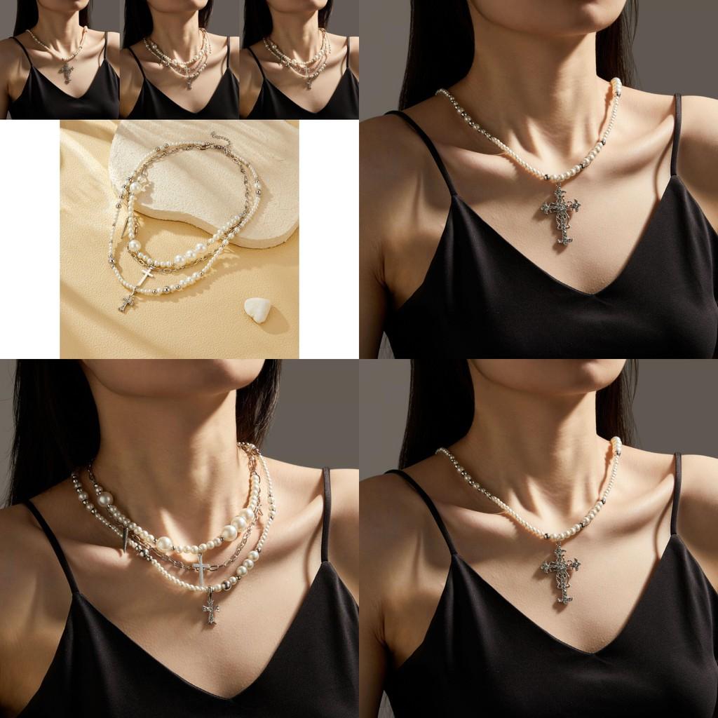 Unique Geometric Design Cross Pearl Necklace For Women With Stylish Charm