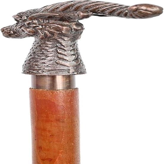 Canne en bois avec manche en cuivre et tête de dragon, fabriquée à la main