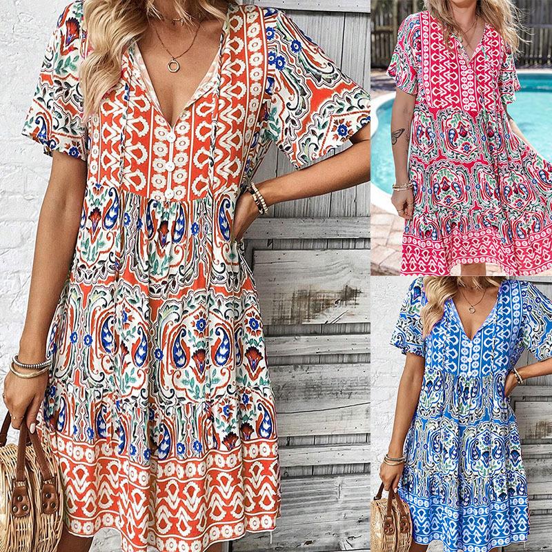 

Blue and White Floral Print V-Neck Short Sleeve Layered Hem Dress S