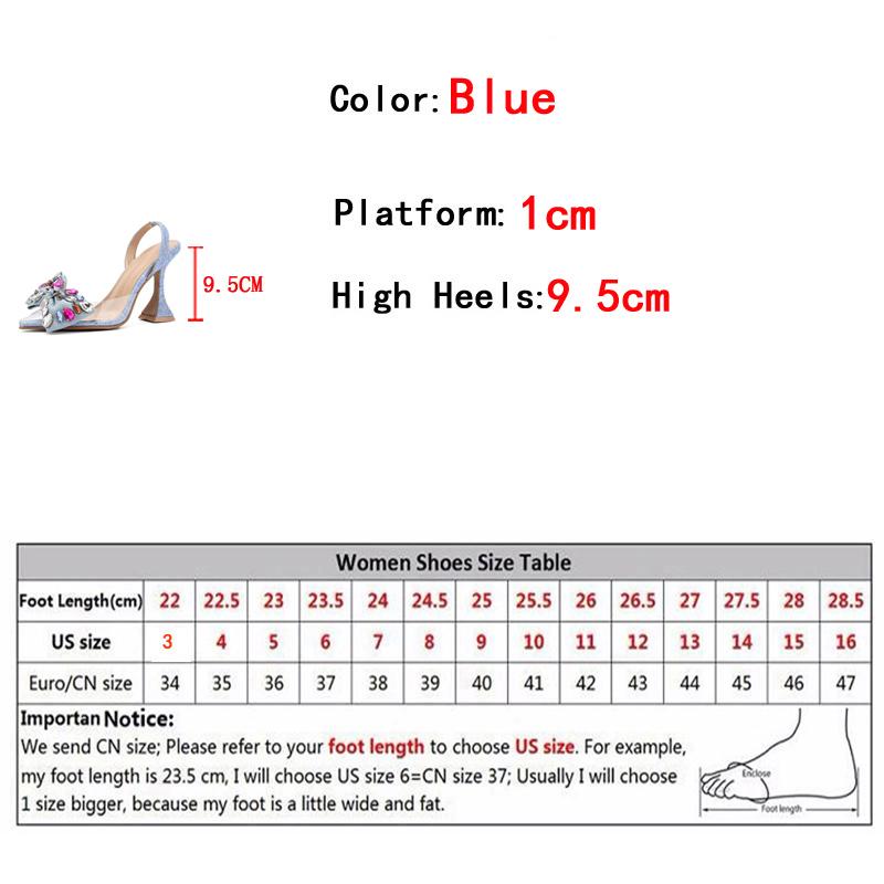 Fashion Liyke Strange Style Blue High Heels Mules Sandals Summer Fashion Crystal Denim Bowknot Pointed Toe Party Dress Shoes Women Pumps