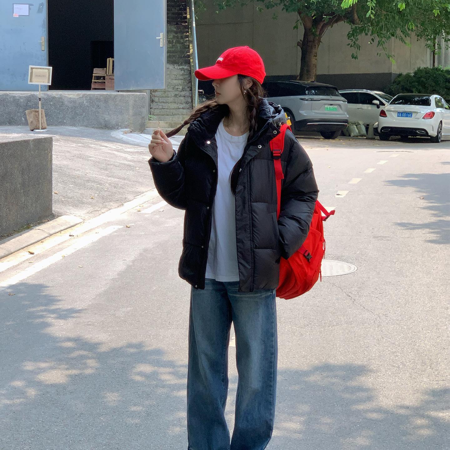 

Пуховик женский короткий зимний новый толстый с капюшоном, свободное маленькое хлопковое пальто XL чёрный