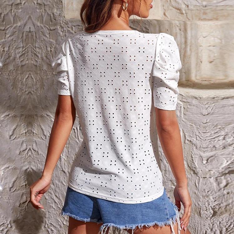 Dame Utkuttet Jacquard Bobleermet T-skjorte Ensfarvet Rund Hals Topp Bluse Vår Sommer Mote