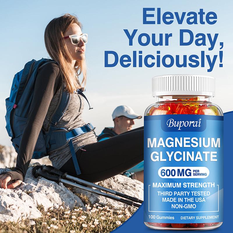 Buporai Magnesium Glycine Gummies, 600 Mg Per Serving, Support Muscle Relaxation, Vegan and Safe.