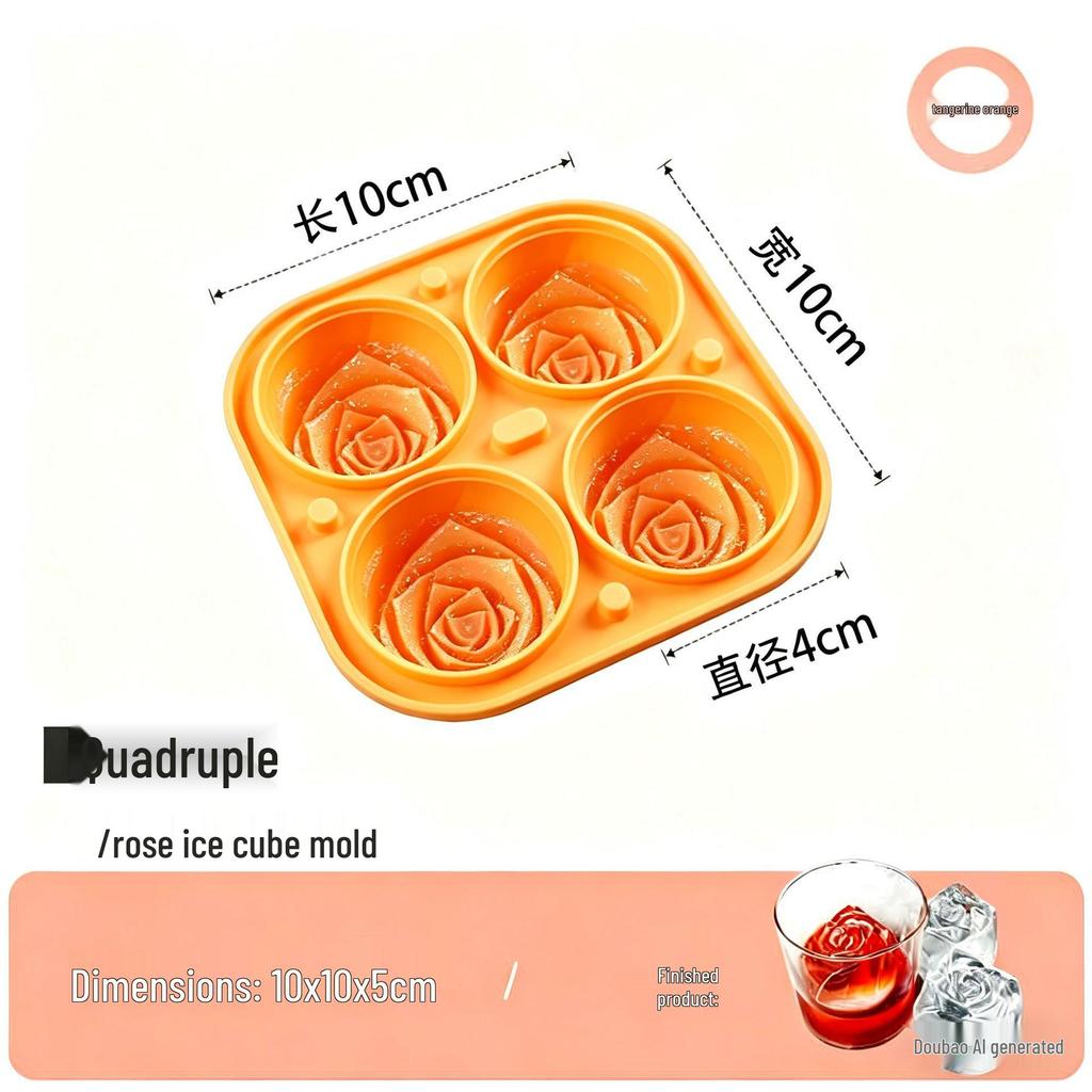Large Four-Grid Rose Ice Ball Mold - Silicone Ice Tray for Whiskey and Home Ice Making