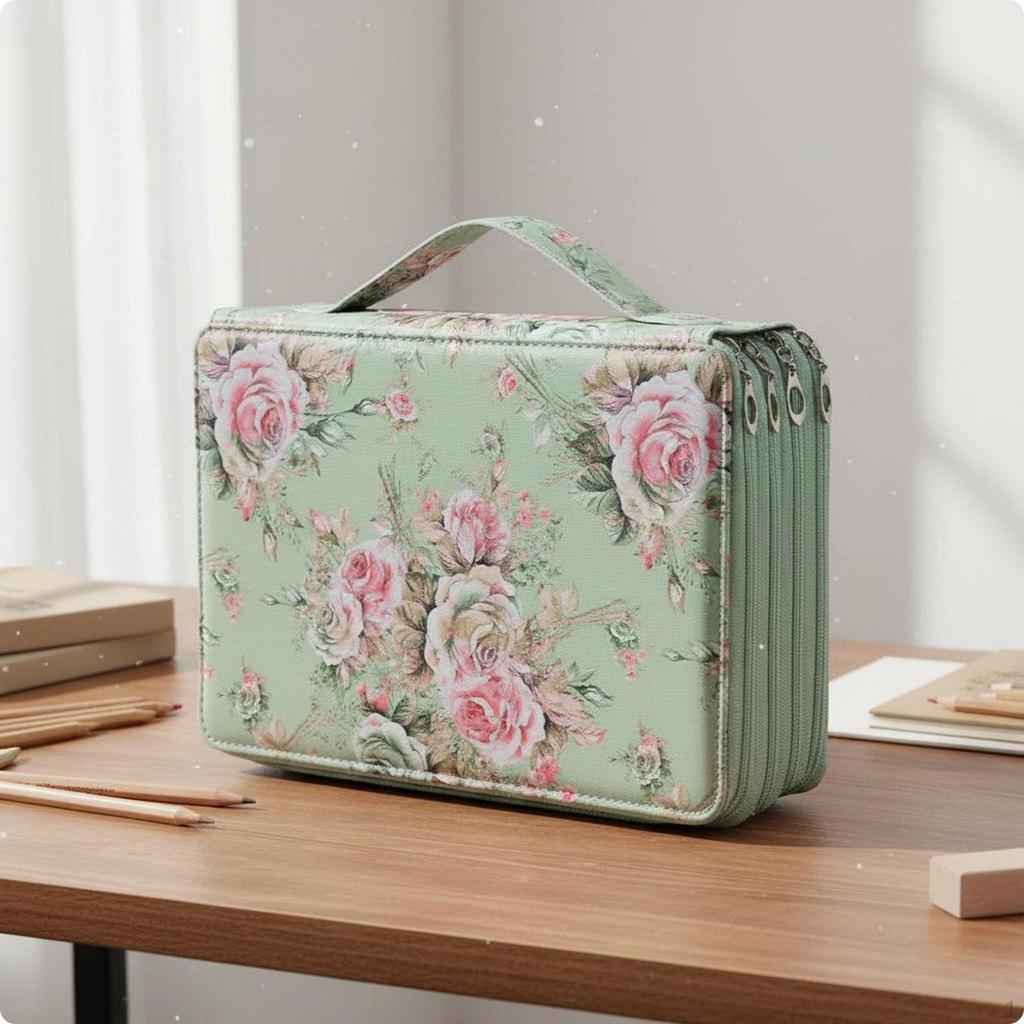 200 Slot Pencil Case Floral Print Multi Layer Zipper Bag Individual Elastic Slots Large