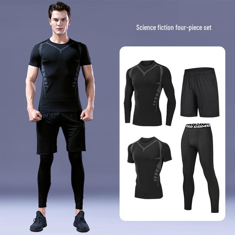 Pánské rychleschnoucí sportovní oblečení z ledového hedvábí s těsným střihem: Set s krátkým rukávem a pětibodovými kalhotami na letní fitness a běh