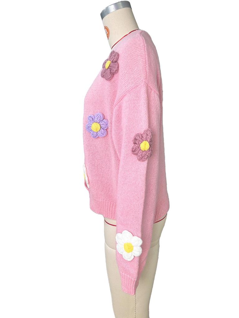 Floral Pattern Button Knit Cardigan - Cute 2024 Loose Long Sleeve Sweater