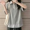 Female Contrasting T-shirt Women's Turn Down Collar Fake Two Striped Short Sleeves Tees Summer New Style Korean Version Loose Top