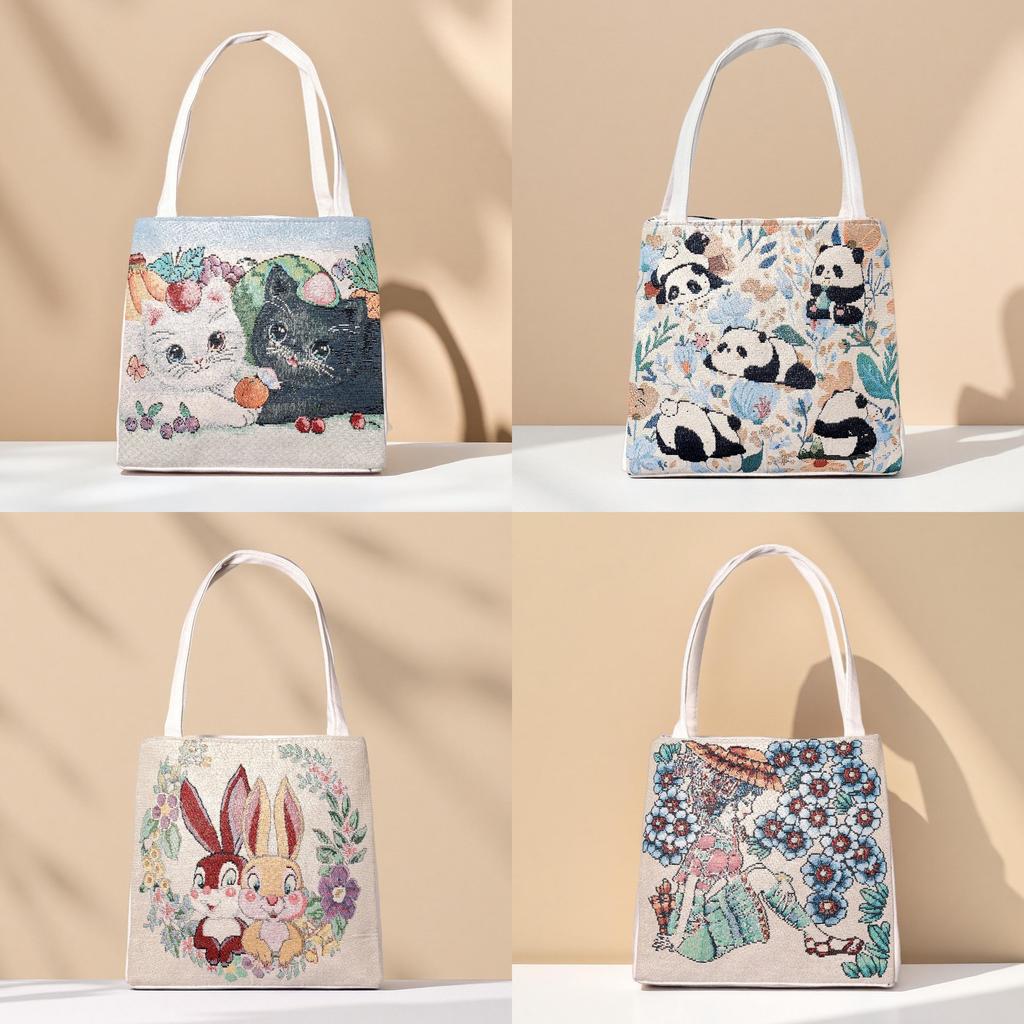 Panda Pattern Canvas Handheld Bag With Embroidery For Casual Day Use