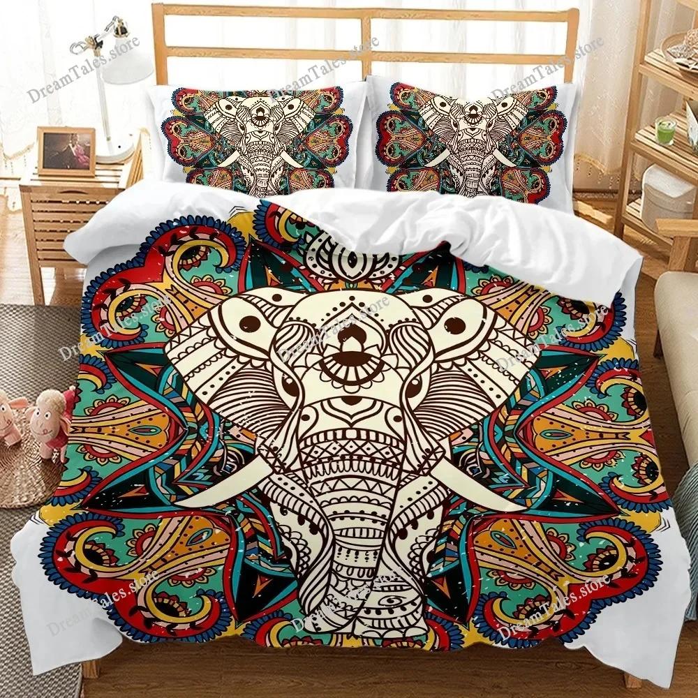 Bohemian Elephant Mandala Pattern Boho Style Duvet Cover Pillow Case Bedding Set Quilt Cover Double Bed Home Textile Luxury Gift