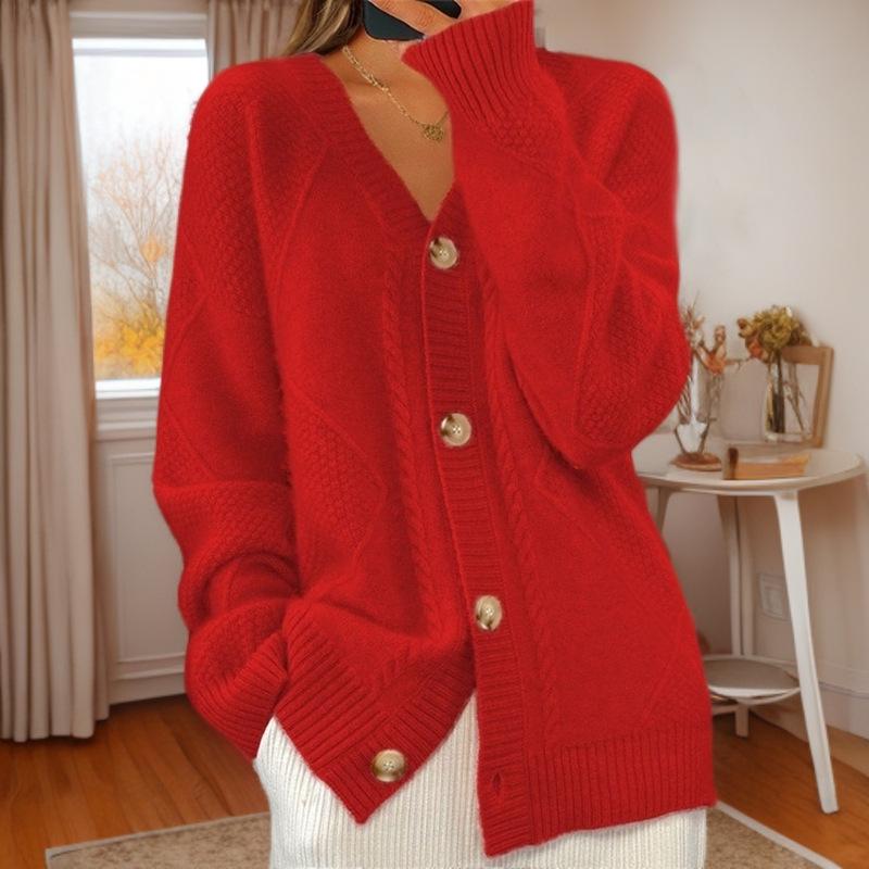 2024 Autumn/Winter Women's V-Neck Long-Sleeve Button-Down Jacquard Cardigan Sweater