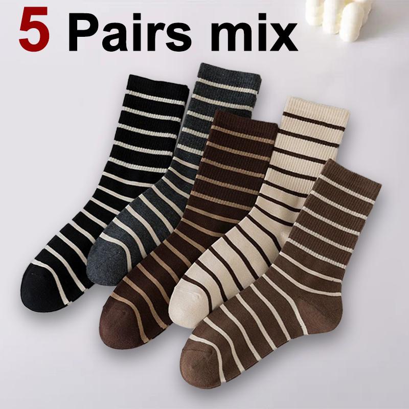 

5/10 пар женских носков средней длины, модные носки с полосатым принтом, мягкие, удобные, влагоотводящие и дышащие, повседневные носки One Size