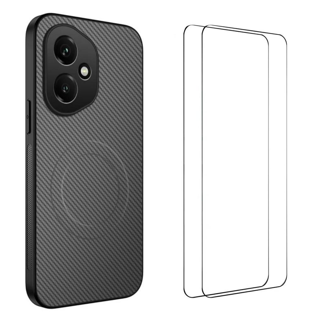 For Honor 400 5G (Global) Magnetic Case WANLONFENG TQ1 Series Carbon Fiber Texture PC TPU Phone Cover with 2Pcs Screen Films