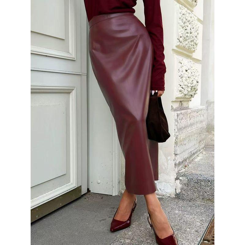 

Fashion Style Slit Sheath Skirt Fashion PU Leather Skirt High Waisted PU Leather Skirt Burgundy M