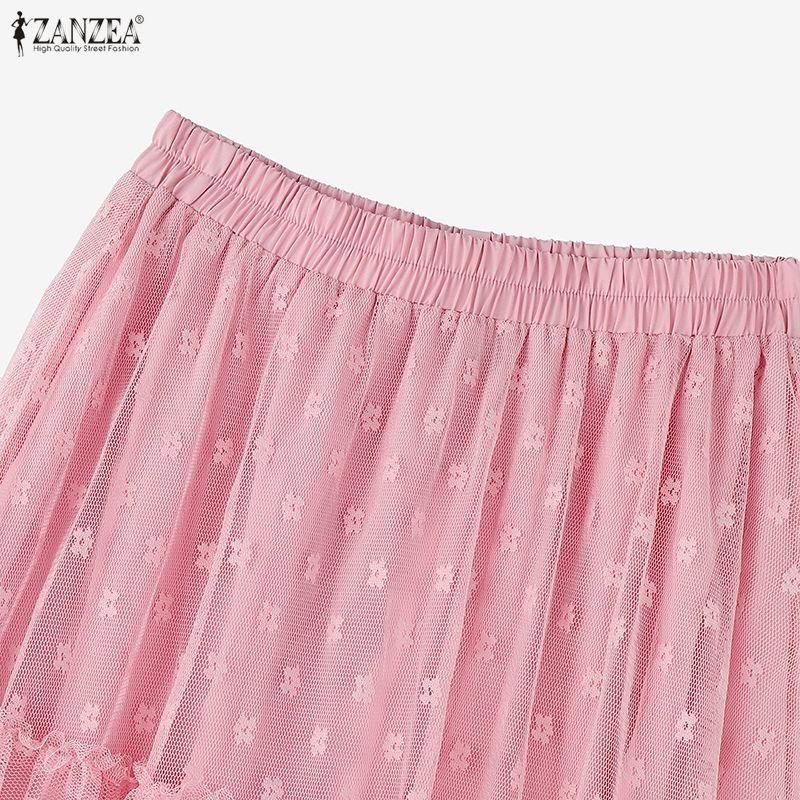 ZANZEA Women Casual Elastic Waist Loose Mesh Tulle Skirts