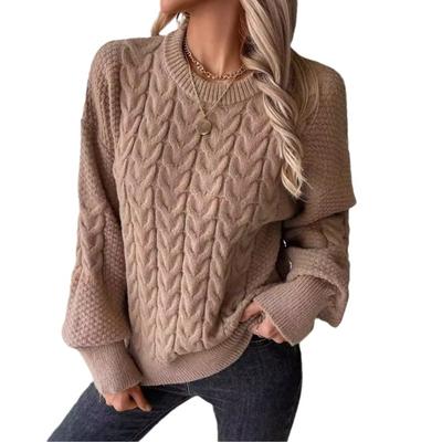 Women's Knitted Sweater Pullover Round Neck Loose Twist Solid Color Sweater for Women