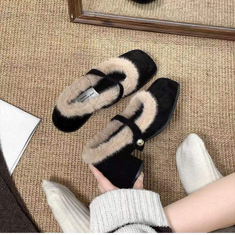 Black Thick Heel 2025 New Autumn and Winter Velvet Warm Fluffy Shoes Mary Jane Pedal High Heels Women's Evening Breeze