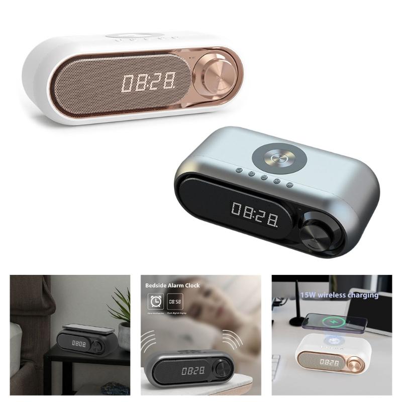 Portable Bluetooth-compatible Loudspeaker with Clock LED Time Display 15W Wireless Charging Multifunctional Digital Clock