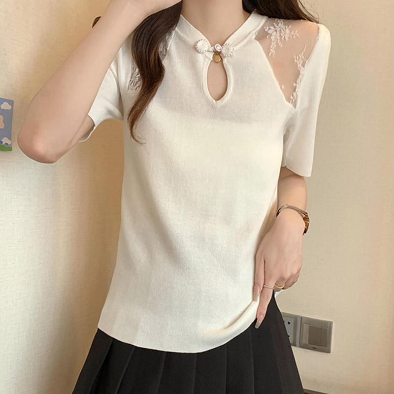 Women Sweaters Pullovers 2025 Summer Short Sleeve Stand Collar Black Knitted Sweater Women Tops Pullover JJ270
