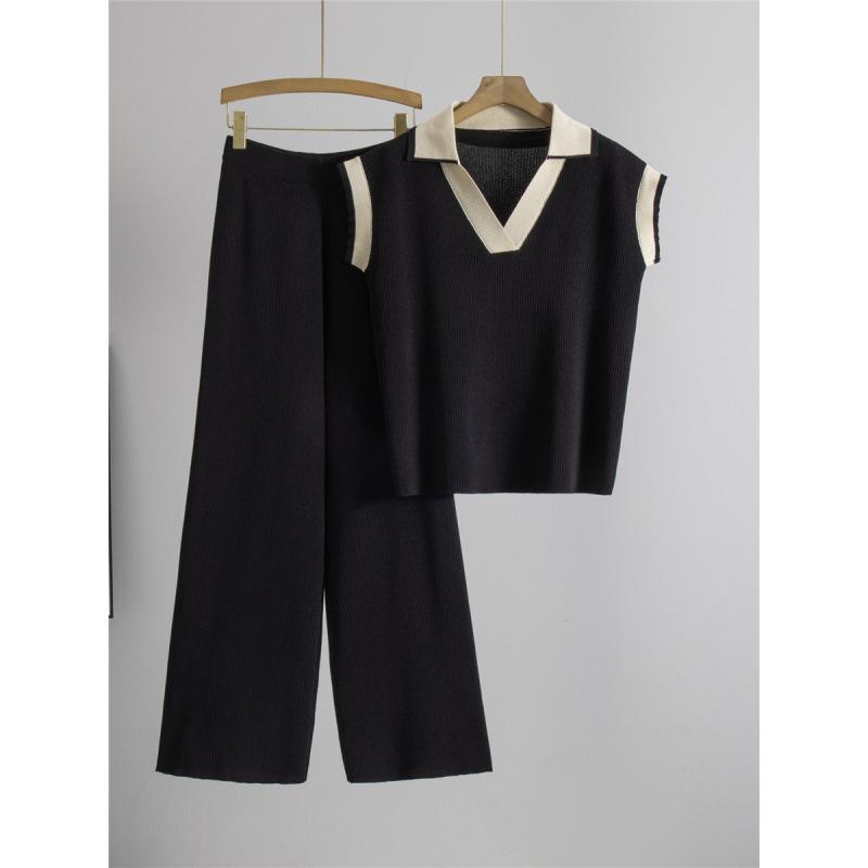 Women's Summer 2026 Polo Collar Knit Top and Pants Set - Loose, Slimming Casual Fashion Two-Piece.