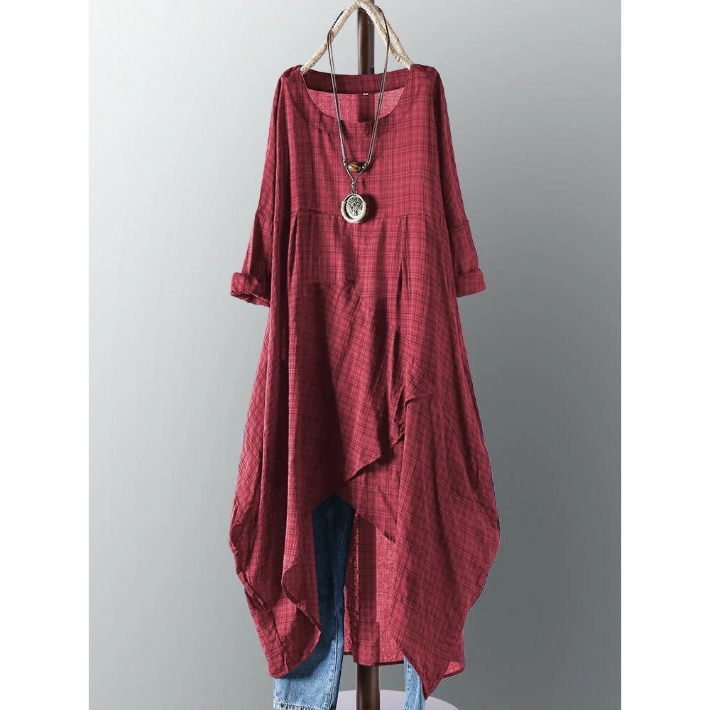 Vintage Women Long Sleeve Plaid Vestidos Sundress Casual Clothing Summer Dresses