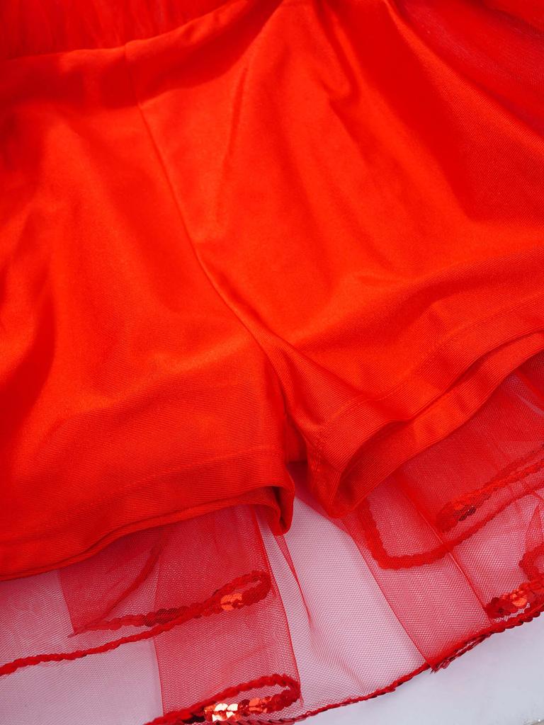 Mädchen Metallic Tutu Kleid Pailletten Durchsichtiges Mesh Langarm Design Schlüsselloch Rücken Funkelndes Tanzkostüm