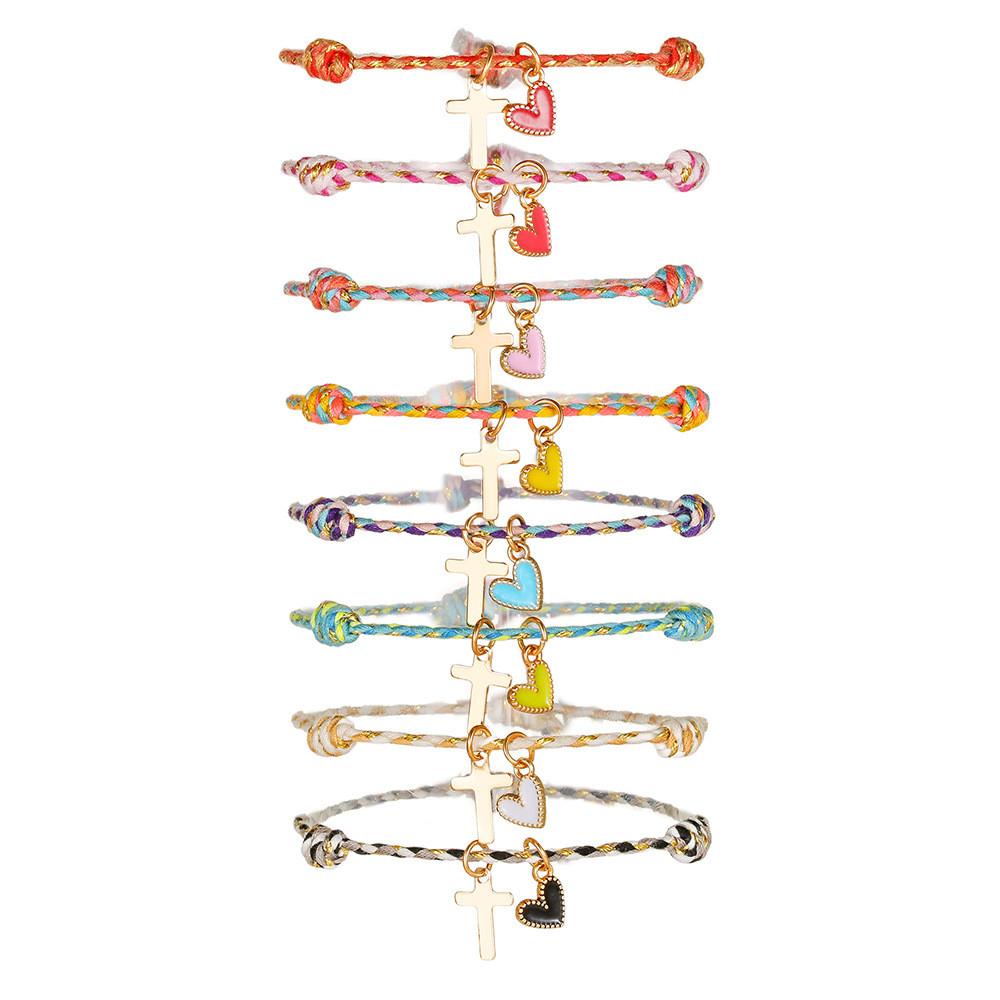Rainbow Woven Love Heart Friendship Bracelet With Gold Cross Pendant For Women