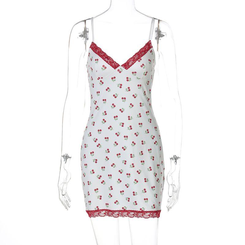 

Shemoda Pure Desire Style Lace V-neck Patchwork Small Cherry Printing Slip Dress Female Elastic Silm Short Skirt White L