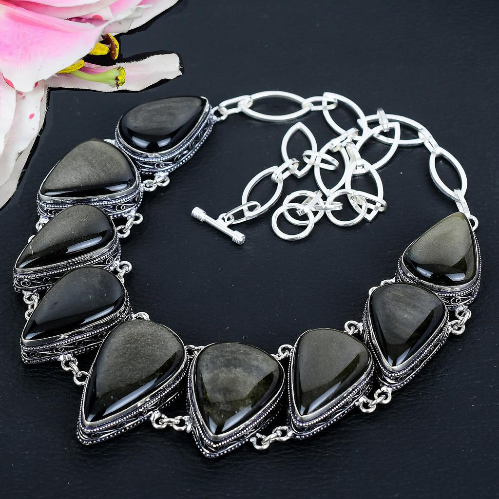 Silver Sheen Obsidian Gemstone 925 Sterling Silver Jewelry Necklace 18" KG-1652