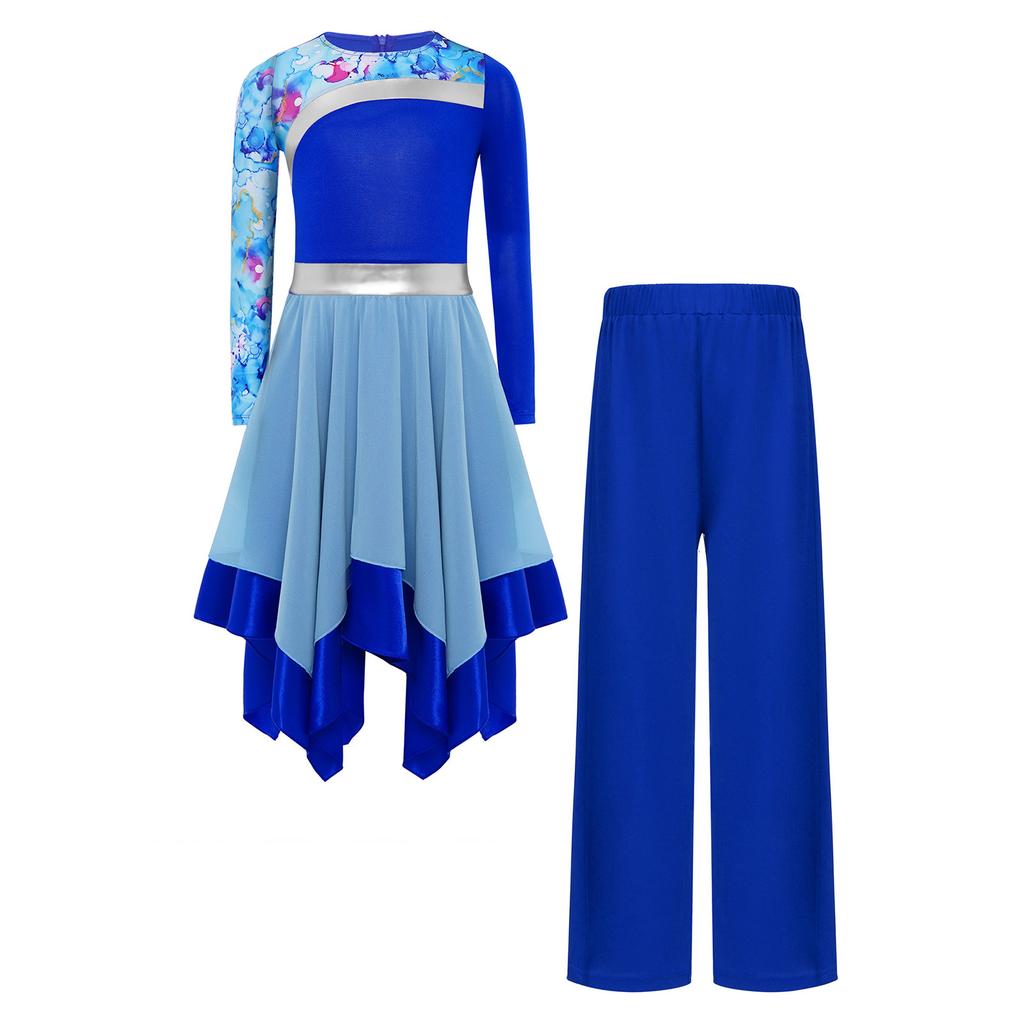 Girls Worship Dance Outfit Long Sleeve Printed Patchwork Irregular Hem Dress with Wide Leg Pants