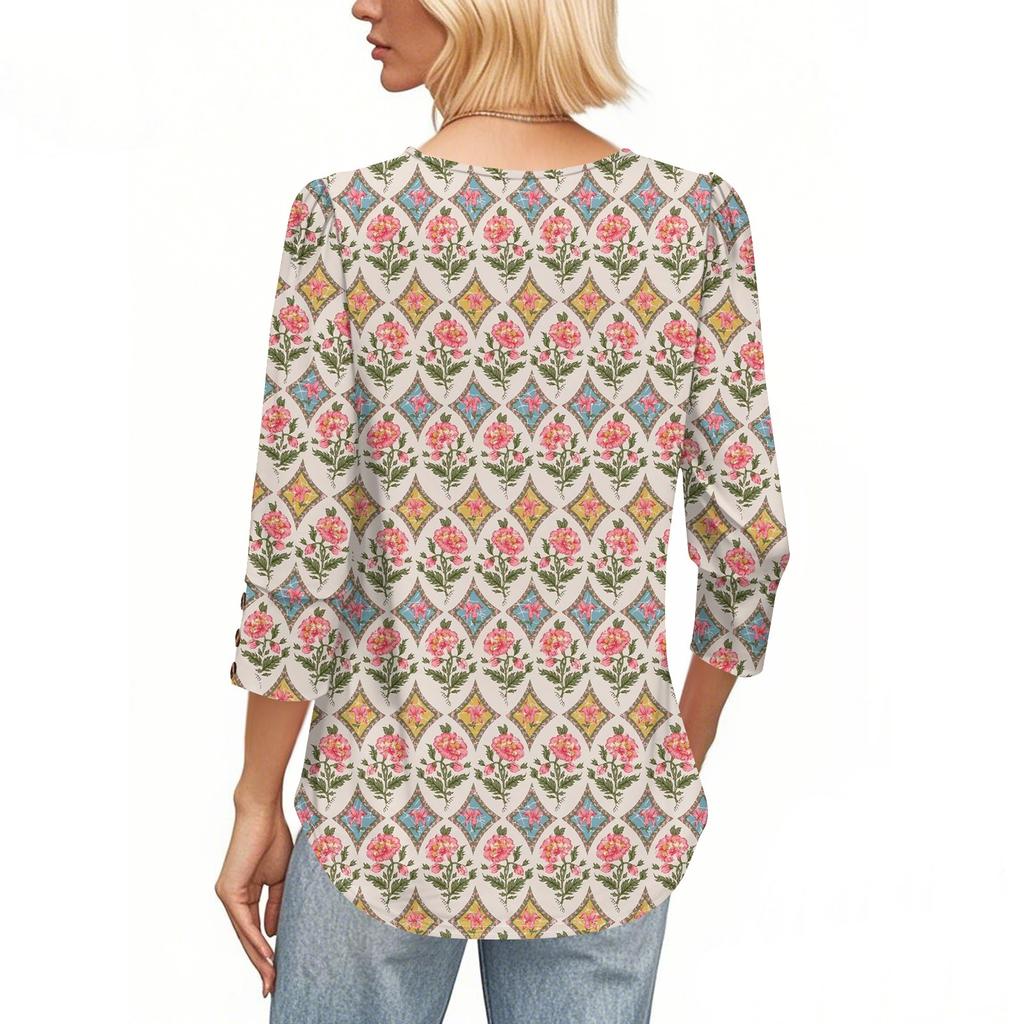 Womens Tops 3/4 Sleeve With Buttons Casual Blouses Summer Outfits Beach Vacation Clothes