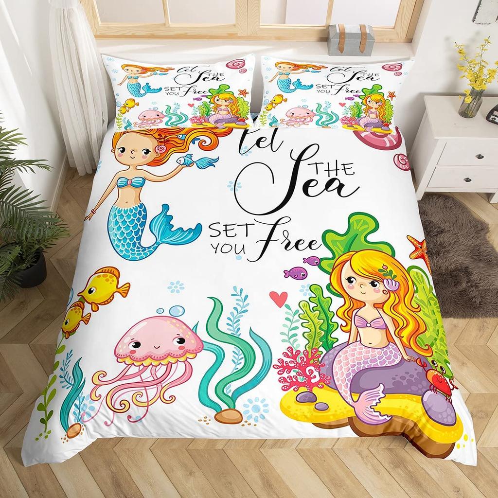 Meerjungfrau Bettwäschebezug Cartoon Meerjungfrau Bettwäsche Set Oktopus Bettbezug Für Kinder Jungen Mädchen Koralle Tief Tier Kinderzimmer Deko