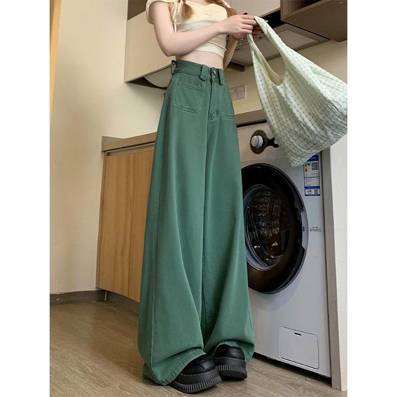 

Большие размеры, зеленые, с высокой талией, широкие джинсы для женщин, летний дизайн, свободные, прямые, до пола, брюки, модные XXL
