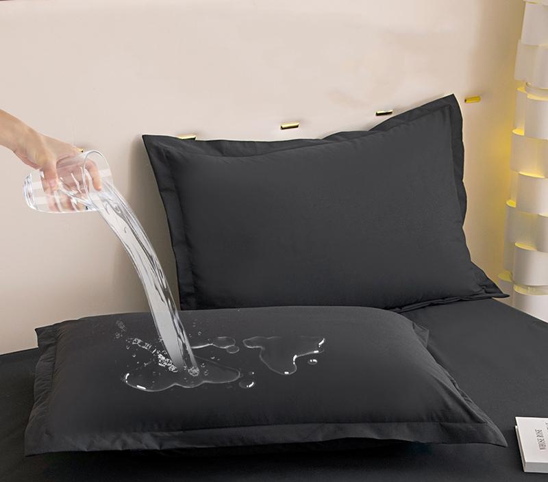 3-teiliges Schwarzes Wasserdichtes Bettlaken-Set, Hotel-Luxus Einfarbig Bettwäsche mit Wasserdichtem Kissenbezug, Heim Schlafzimmer Weiches Flaches Laken